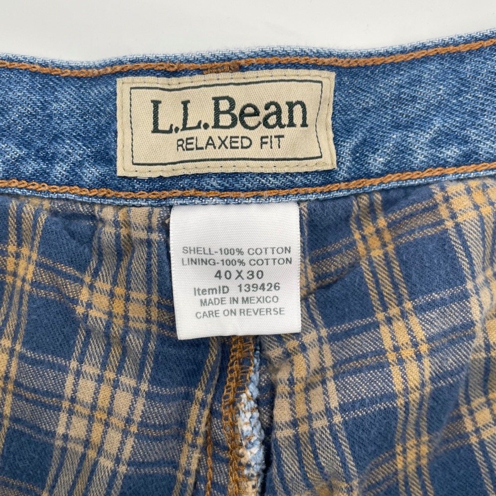 L.L. Bean Flannel Lined Jeans Mens 40x30 Blue Relaxed Fit Plaid Denim